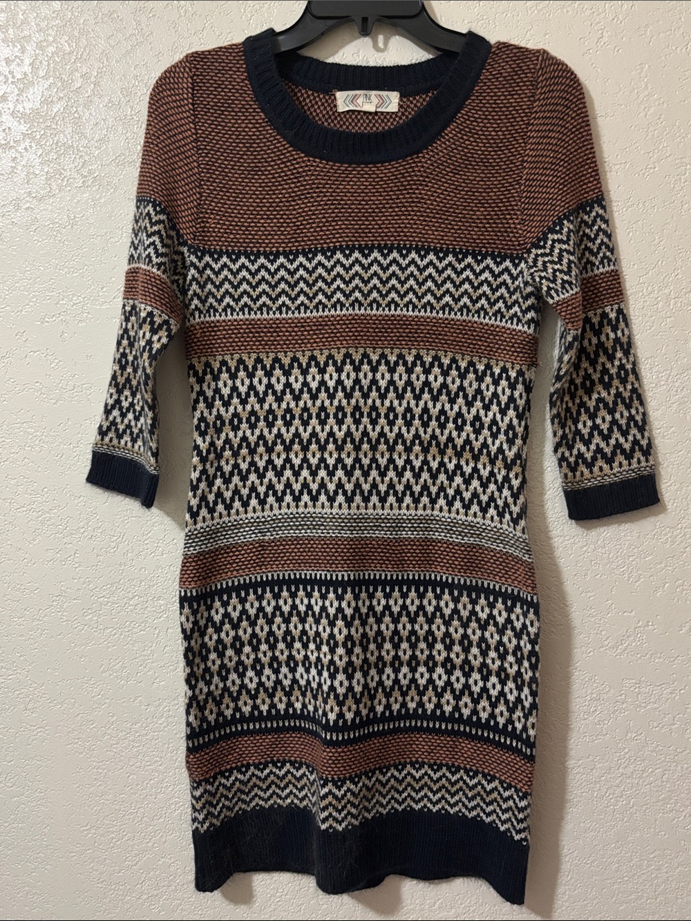Knit Patterned Scoop-Neck Sweater Dress in Navy, Cream & Dusty Rose
